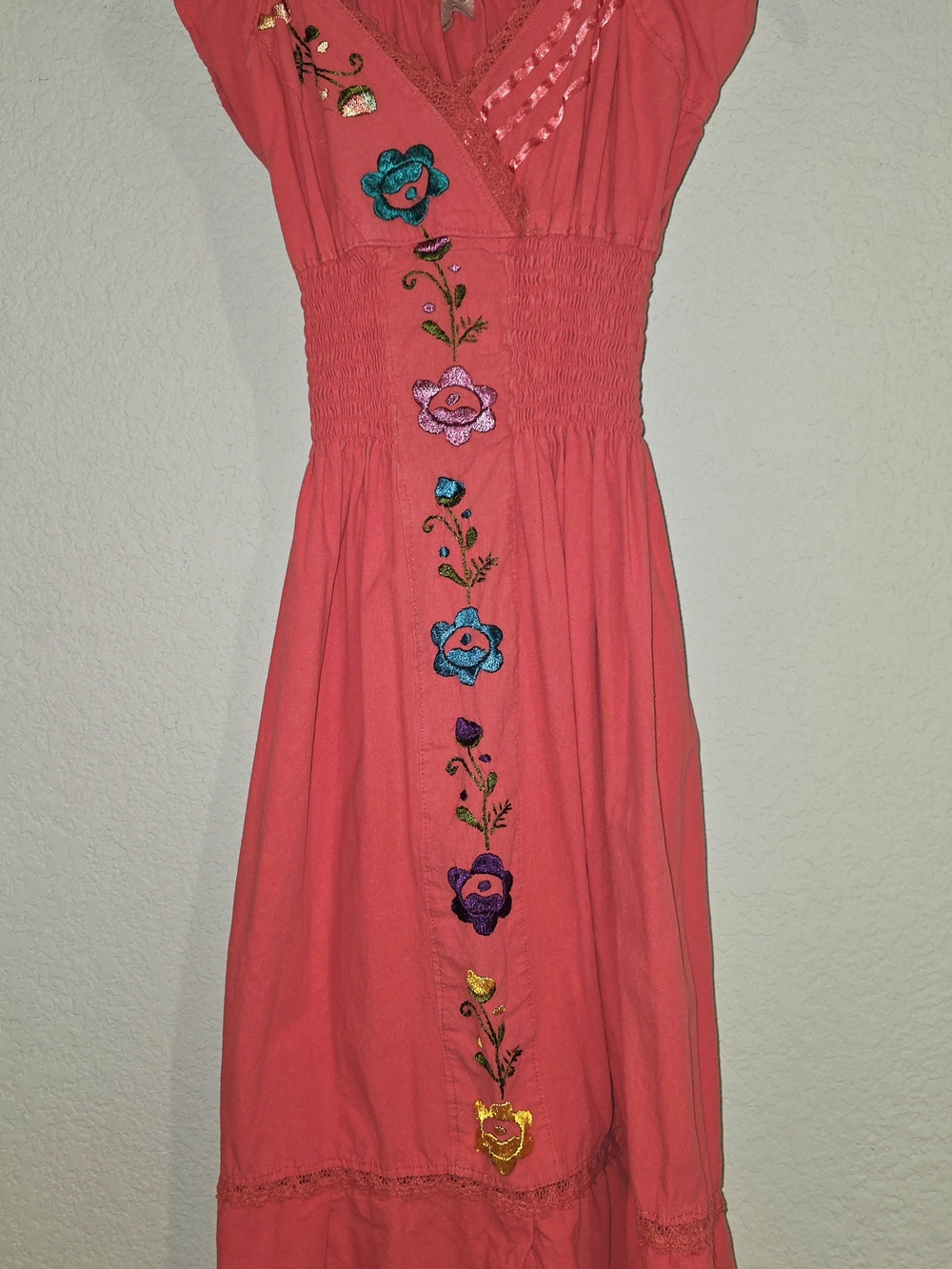Mexican Emroidered Pink Coral Summer Dress With Flowers